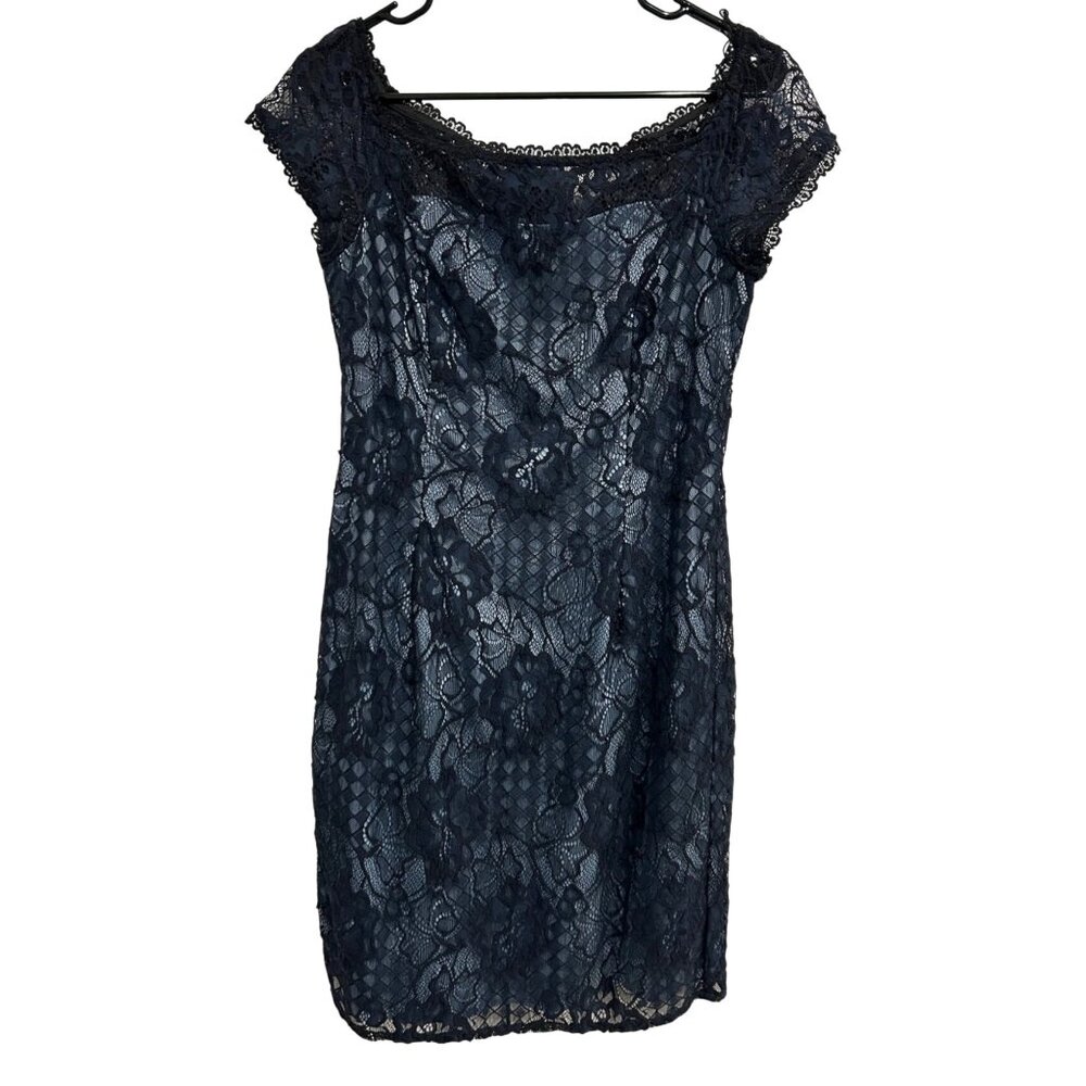 Adrianna Papell Navy Blue Lace Sheath Dress Short Sleeve Midi Length Size 10